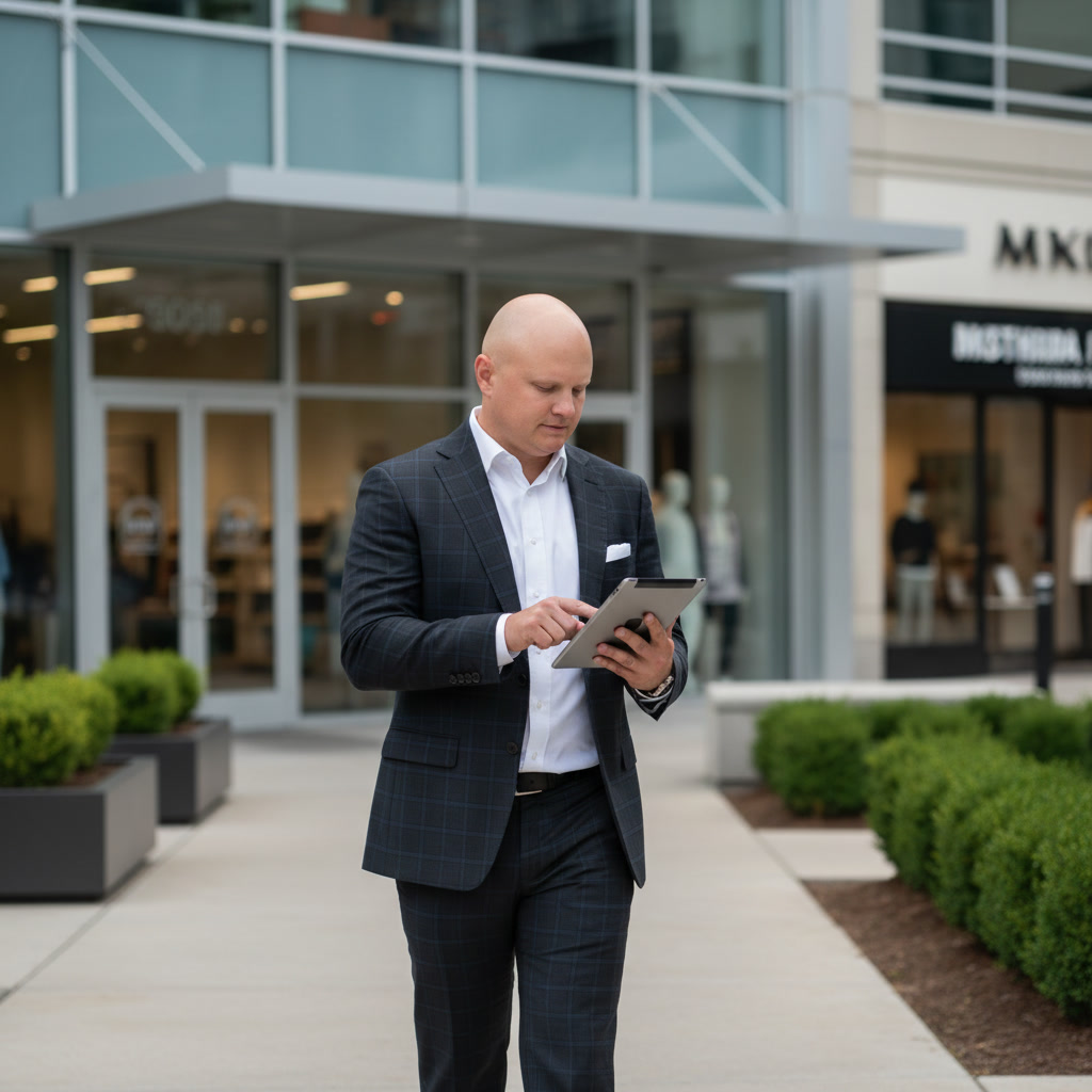Tyson Liese reviewing property information outside a commercial building