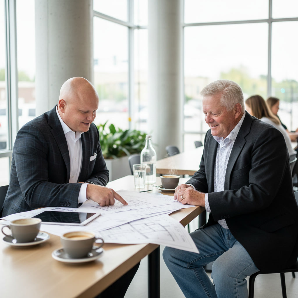 Tyson Liese reviewing property plans with a client