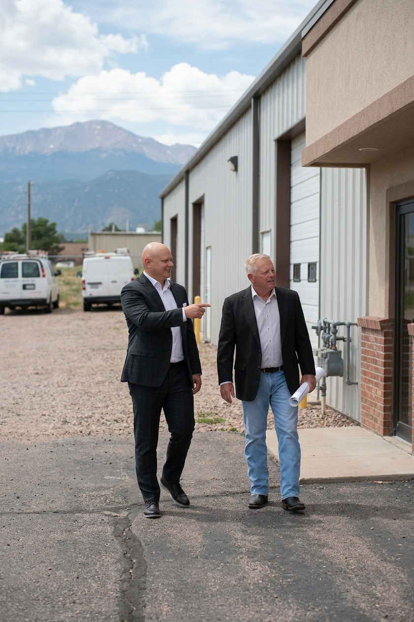 Tyson Liese walking through an industrial property with a client